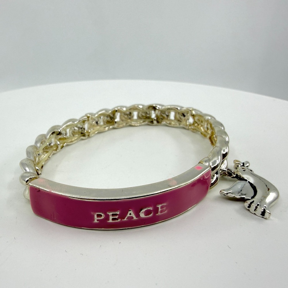 Silver-Tone Peace Bracelet Pink Enamel Bar Dove Charm Boho Stackable Jewelry